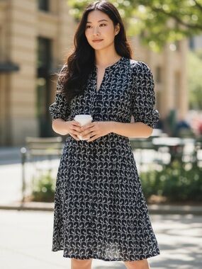 LOFT Embroidered Floral Dress Knee Length Fit Flare Style 3-4 Sleeve Office Wear